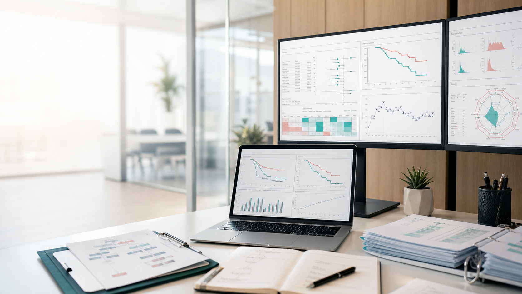 Biostatistics workspace with clinical analytics dashboards and study documents